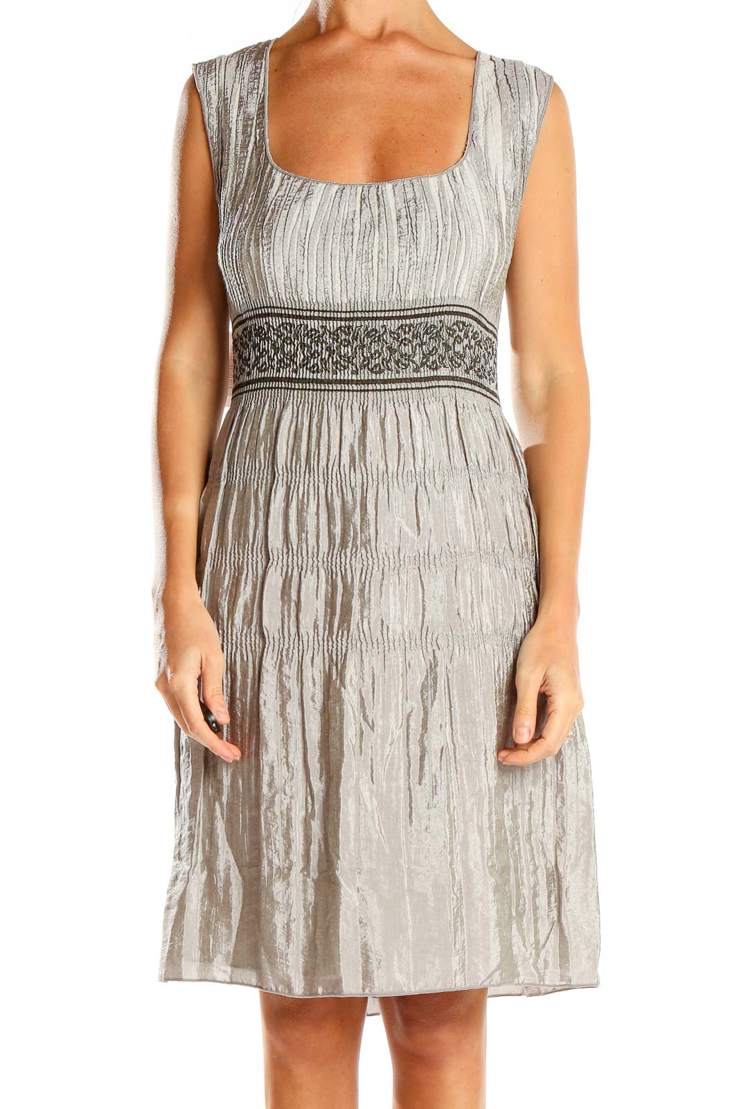 Front view of Max Studio silver crinkled dress with embroidered empire waist