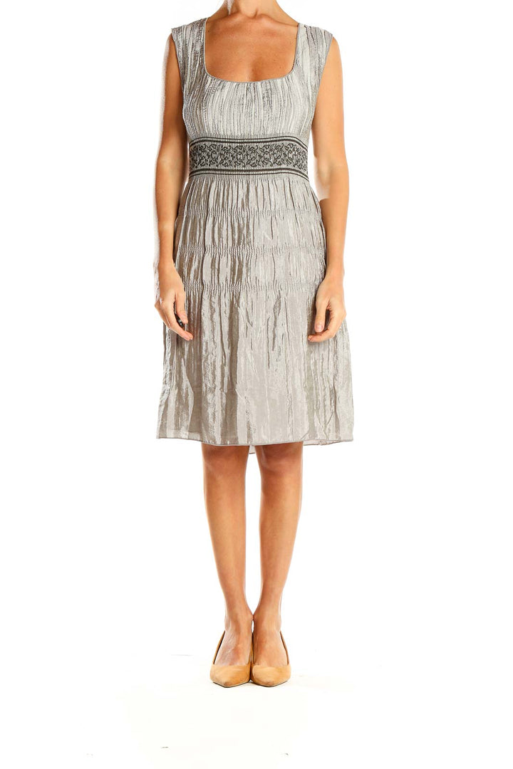 Front view of Max Studio silver crinkled dress with embroidered empire waist