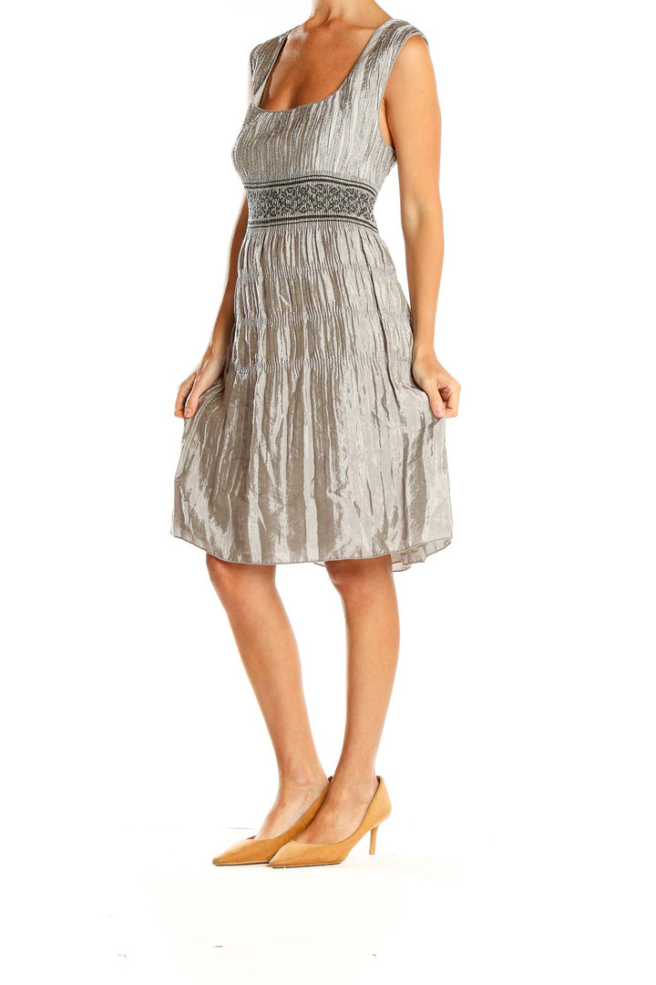 Front view of Max Studio silver crinkled dress with embroidered empire waist