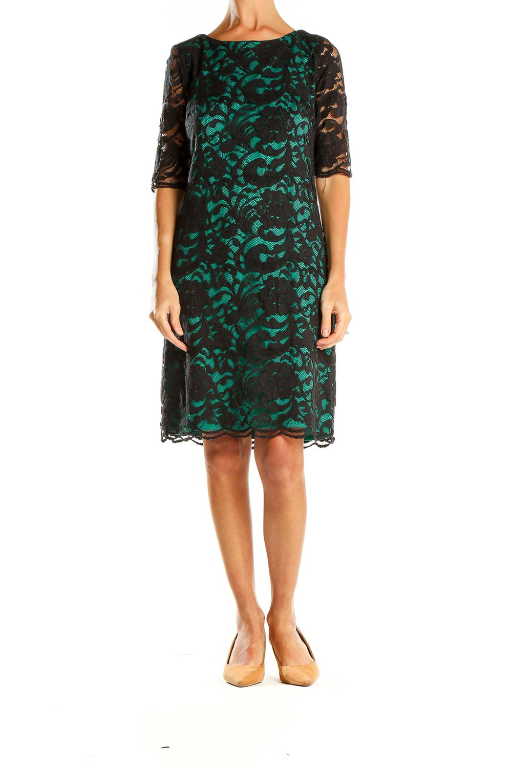 Front view of R&K Originals Black and Green Lace Overlay Dress with elbow-length sleeves