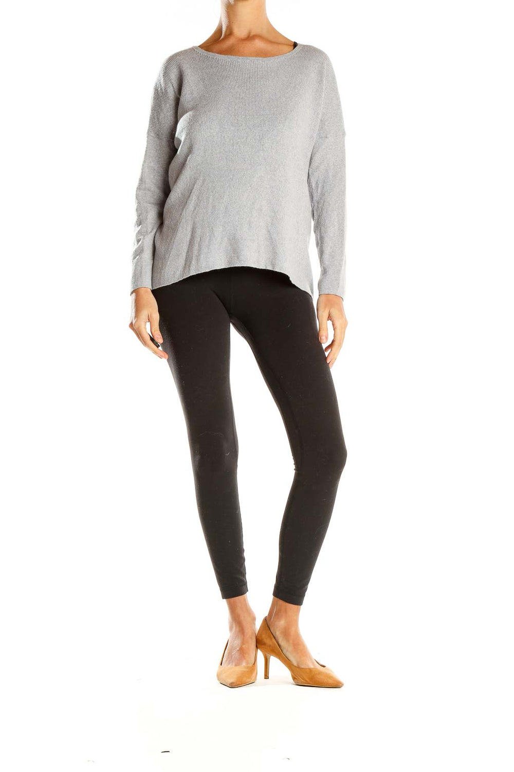 Front view of Cynthia Rowley gray ribbed knit sweater with boat neckline