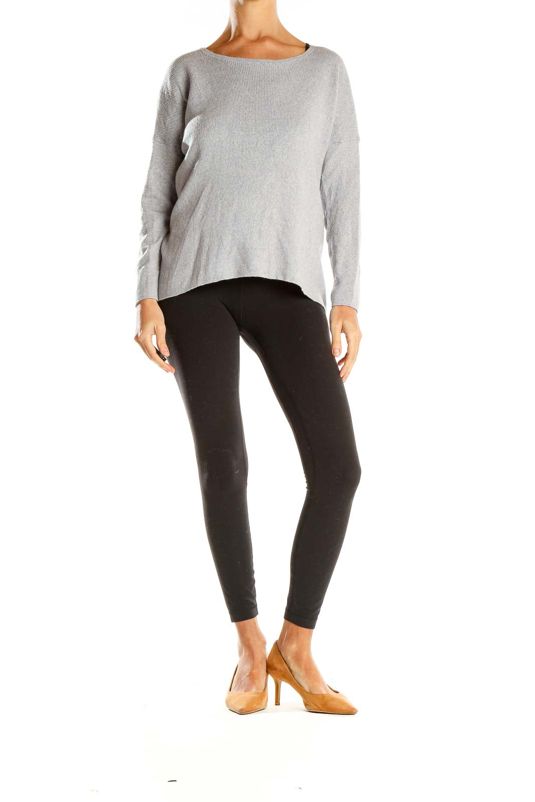 Front view of Cynthia Rowley gray ribbed knit sweater with boat neckline
