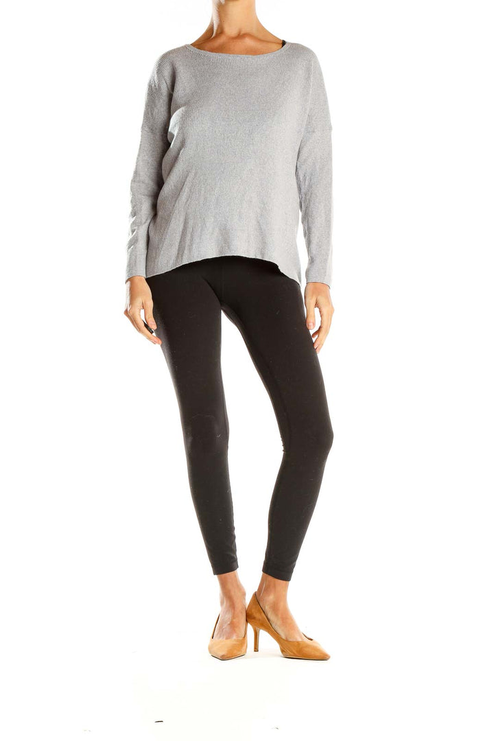 Front view of Cynthia Rowley gray ribbed knit sweater with boat neckline