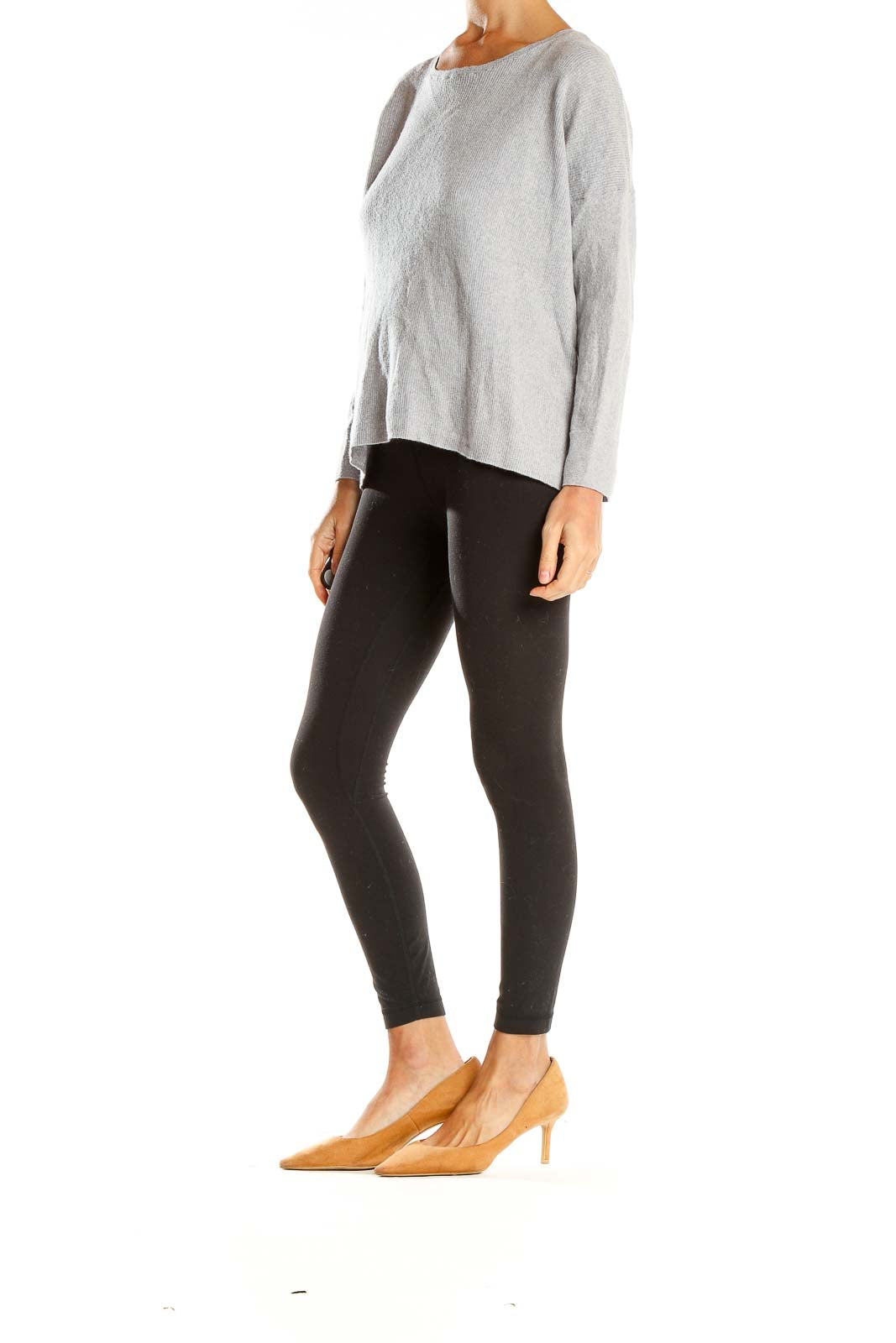 Front view of Cynthia Rowley gray ribbed knit sweater with boat neckline