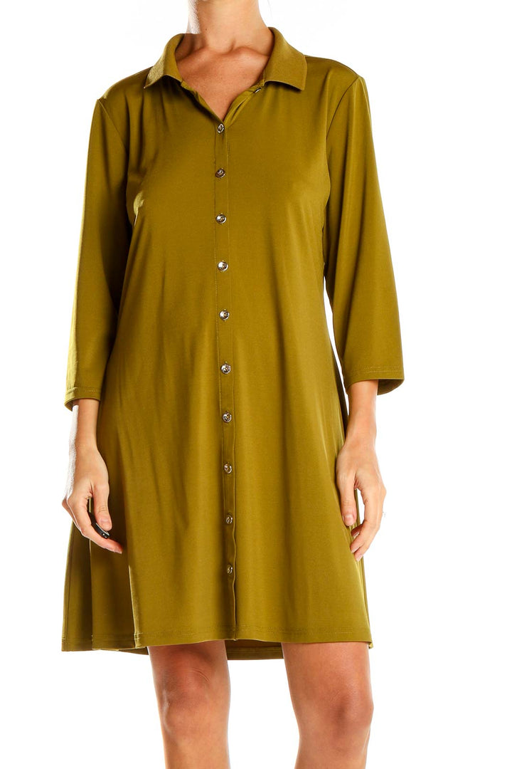 Front view of olive green H by Halston button-down shirt dress
