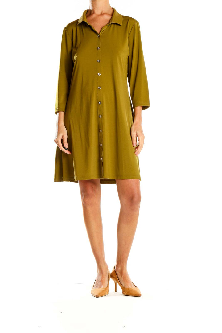 Front view of olive green H by Halston button-down shirt dress