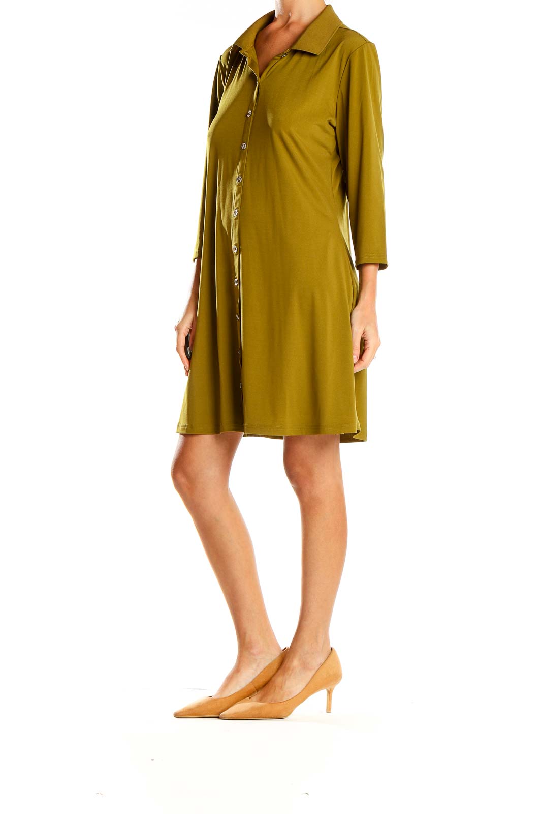 Front view of olive green H by Halston button-down shirt dress