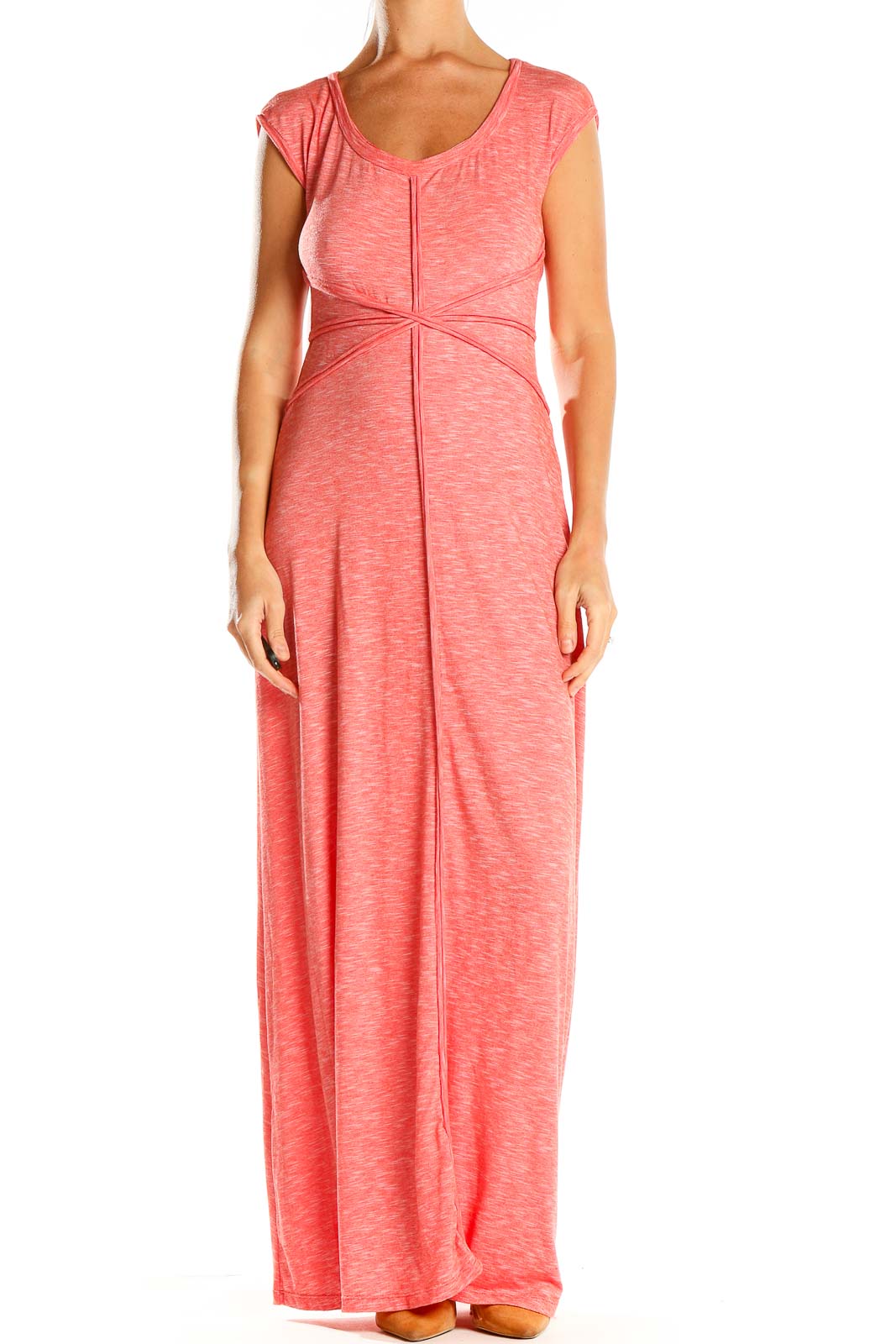 Front view of coral heathered Max Studio maxi dress with empire waist