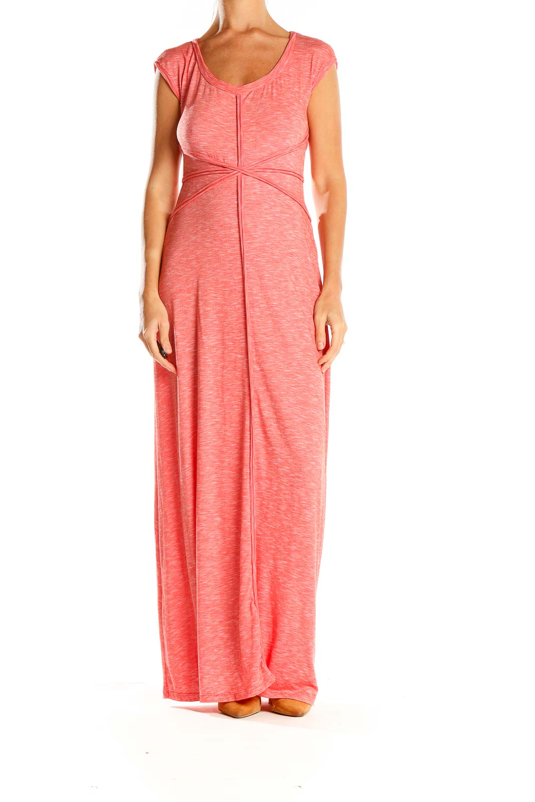 Front view of coral heathered Max Studio maxi dress with empire waist