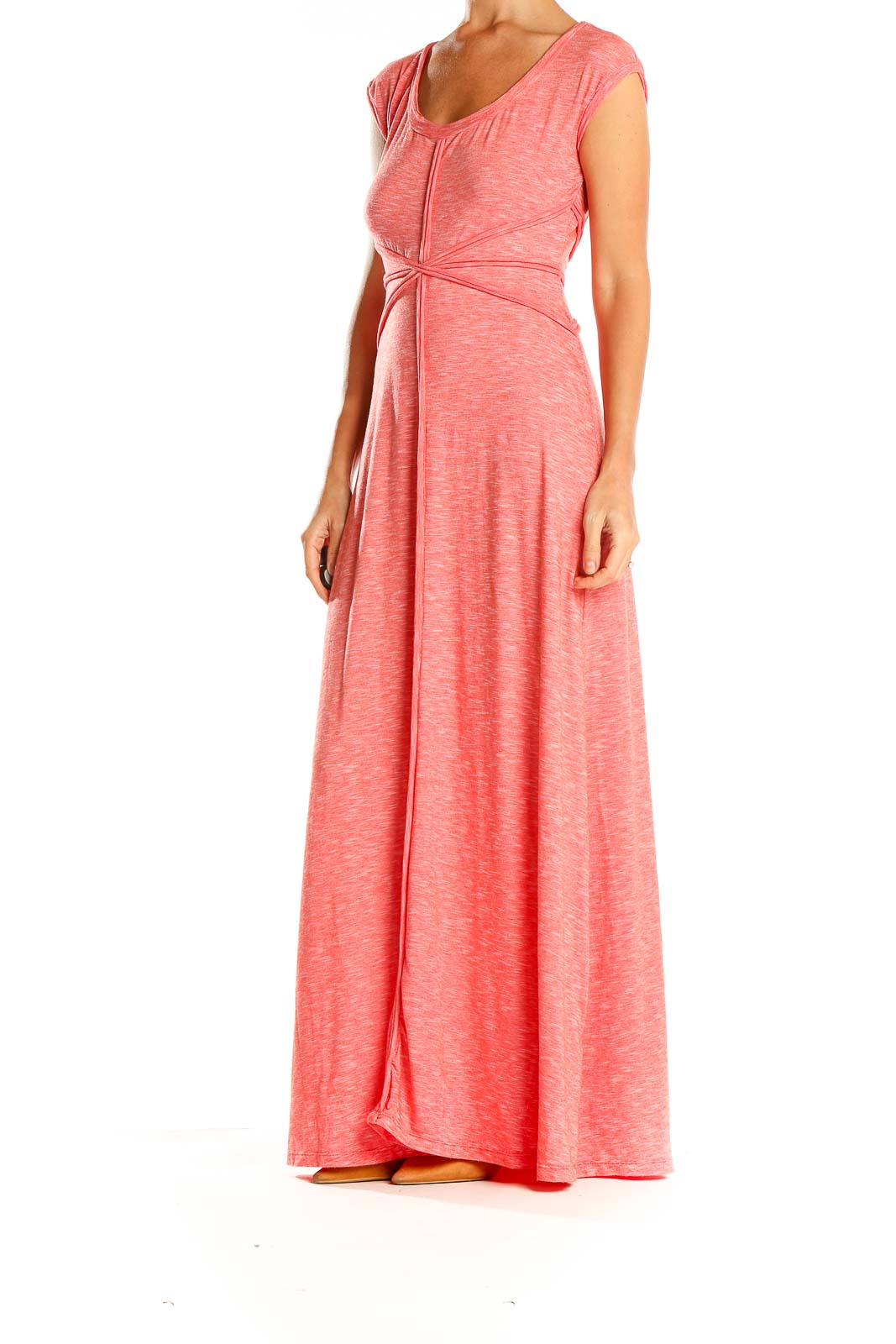 Front view of coral heathered Max Studio maxi dress with empire waist