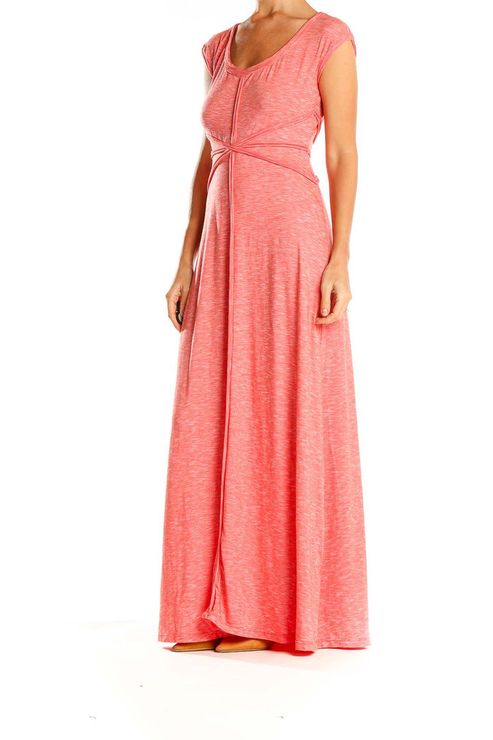 Front view of coral heathered Max Studio maxi dress with empire waist
