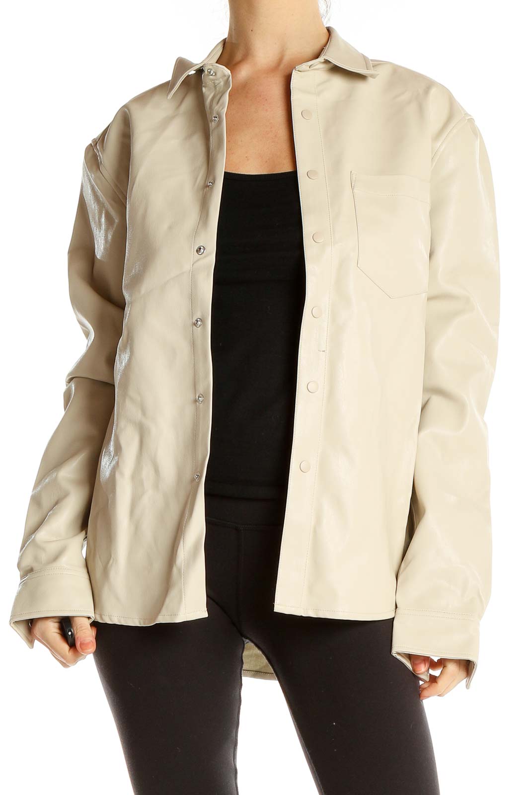 Front view of beige oversized button-up jacket from ASOS