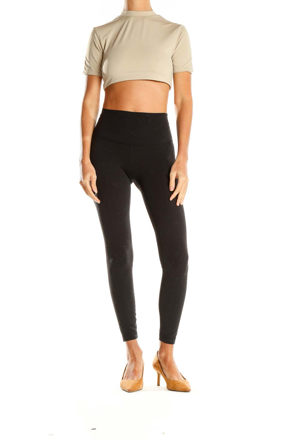 Front view of aexae beige cropped mock neck top