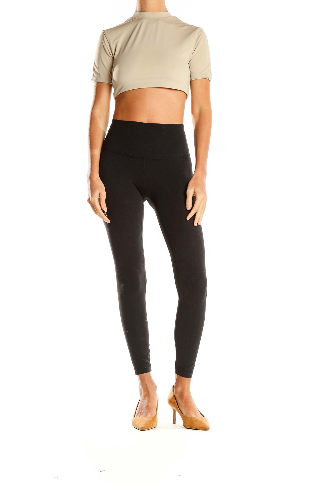 Front view of aexae beige cropped mock neck top