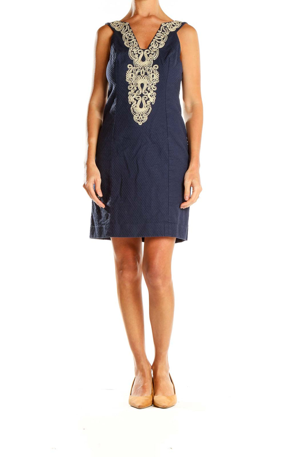 Front view of Lily Pulitzer navy shift dress with gold embroidery at V-neckline