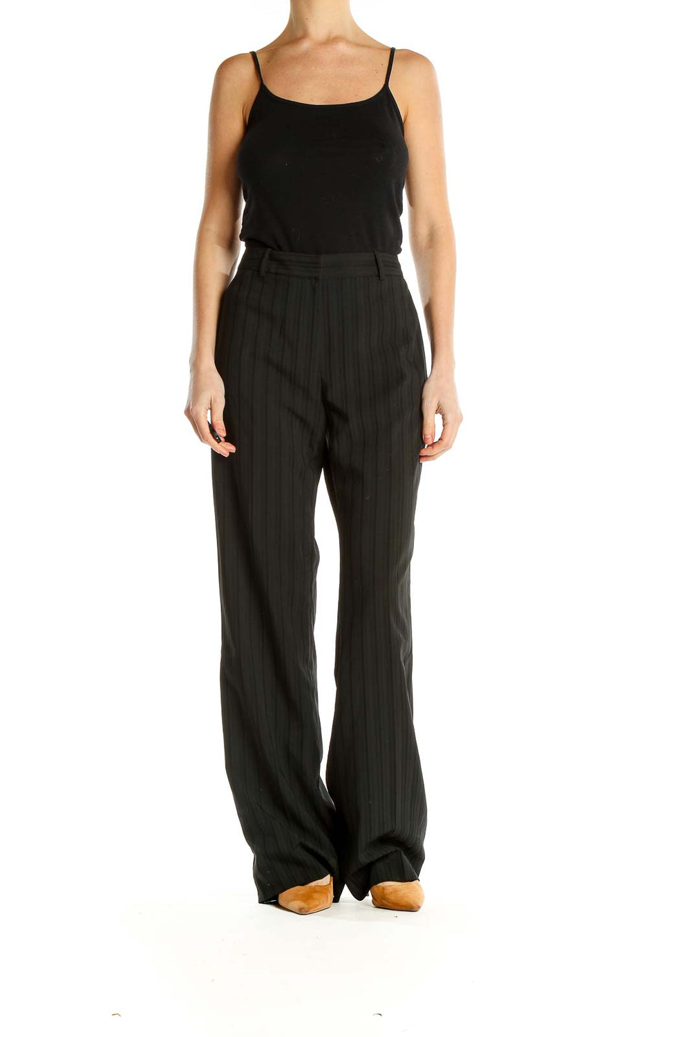 Front view of Antonio Melani black pinstriped wide-leg trousers