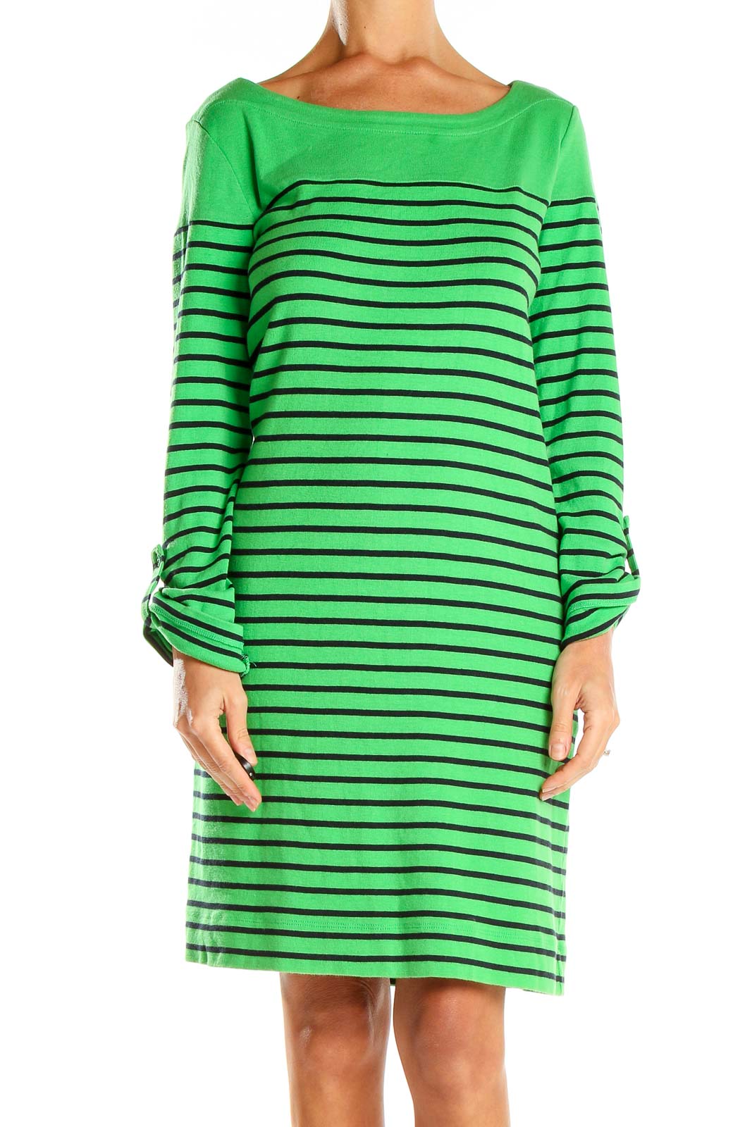 Front view of green and black striped cotton dress with boat neckline