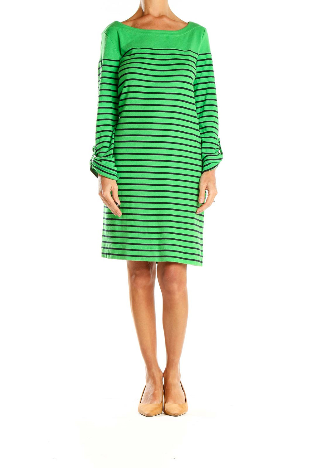 Front view of green and black striped cotton dress with boat neckline