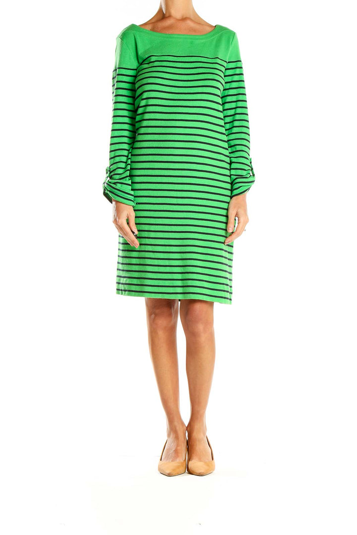 Front view of green and black striped cotton dress with boat neckline