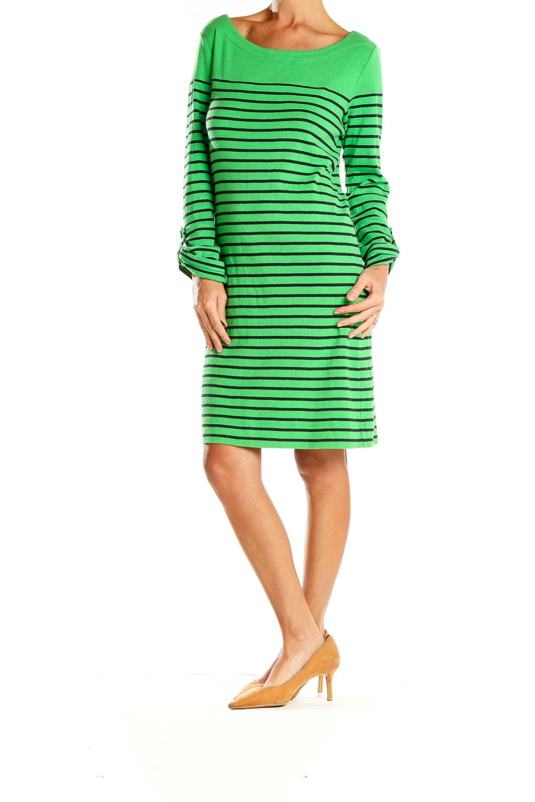 Front view of green and black striped cotton dress with boat neckline