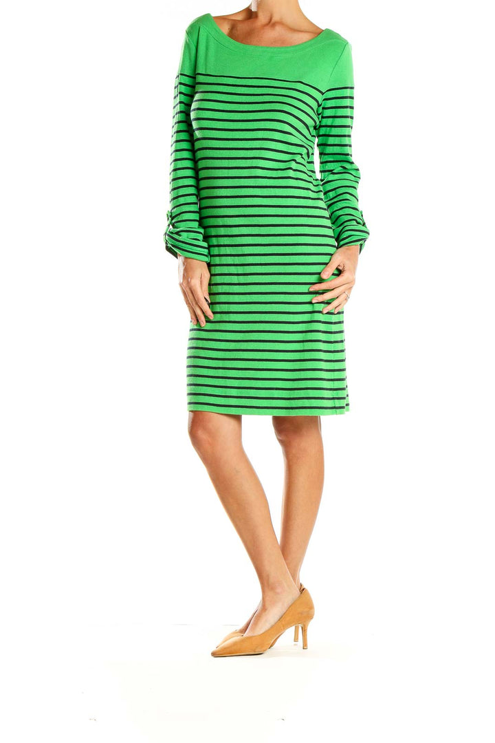 Front view of green and black striped cotton dress with boat neckline