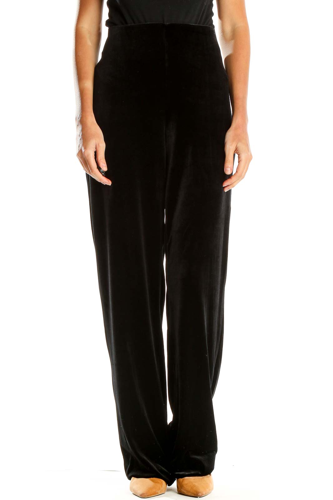 Front view of Max Studio black velvet wide-leg trousers on model