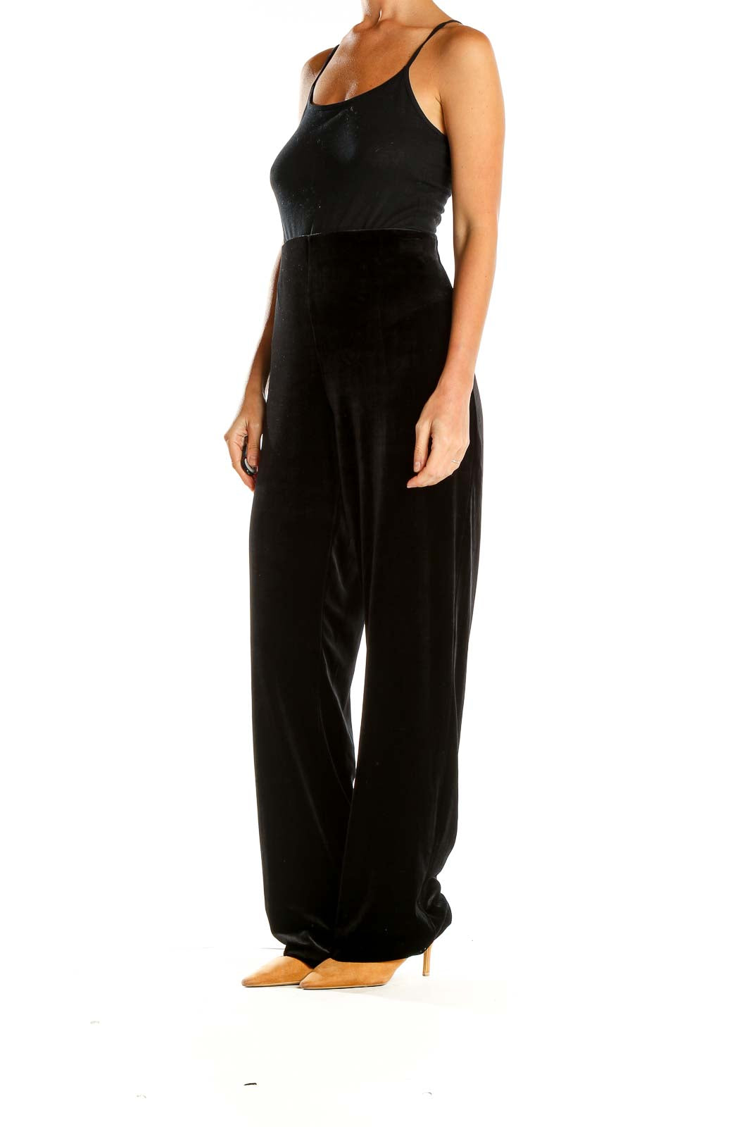 Front view of Max Studio black velvet wide-leg trousers on model