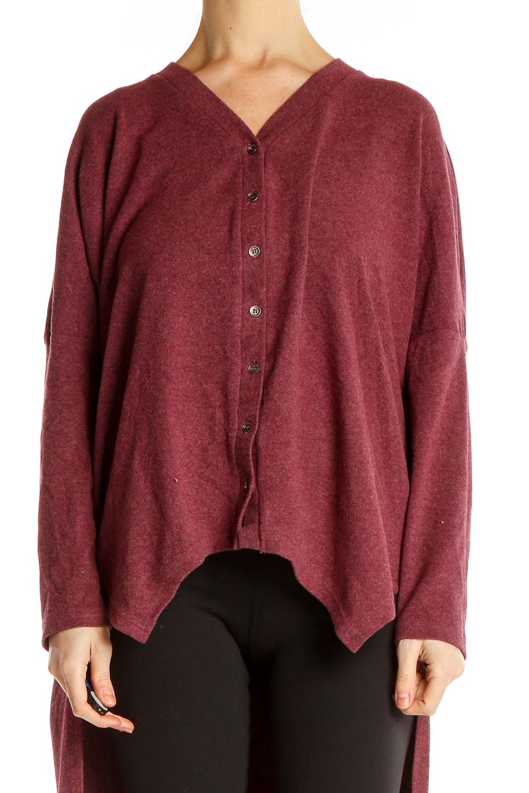 Front view of Patrizia Luca burgundy button-down high-low knit top