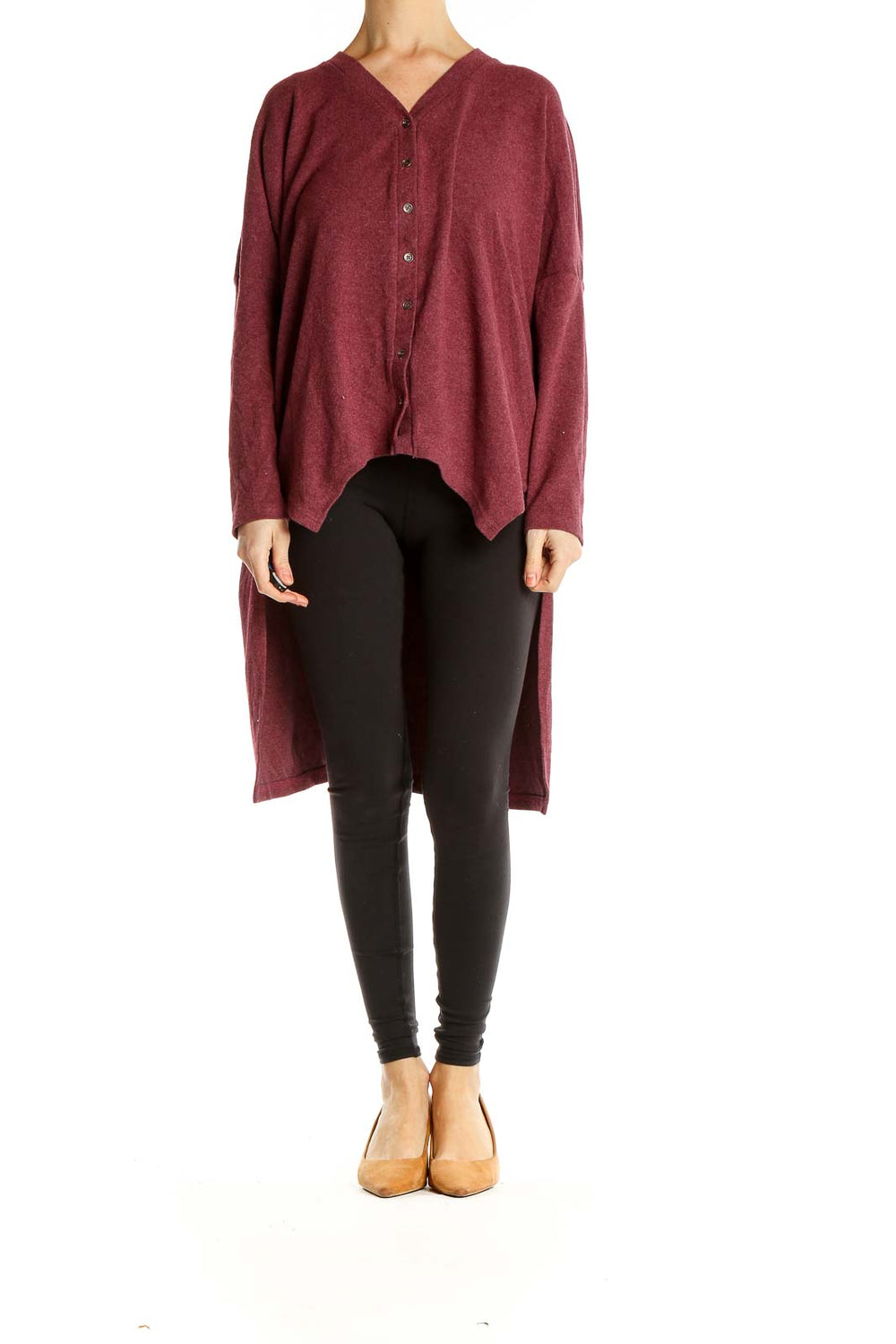 Front view of Patrizia Luca burgundy button-down high-low knit top