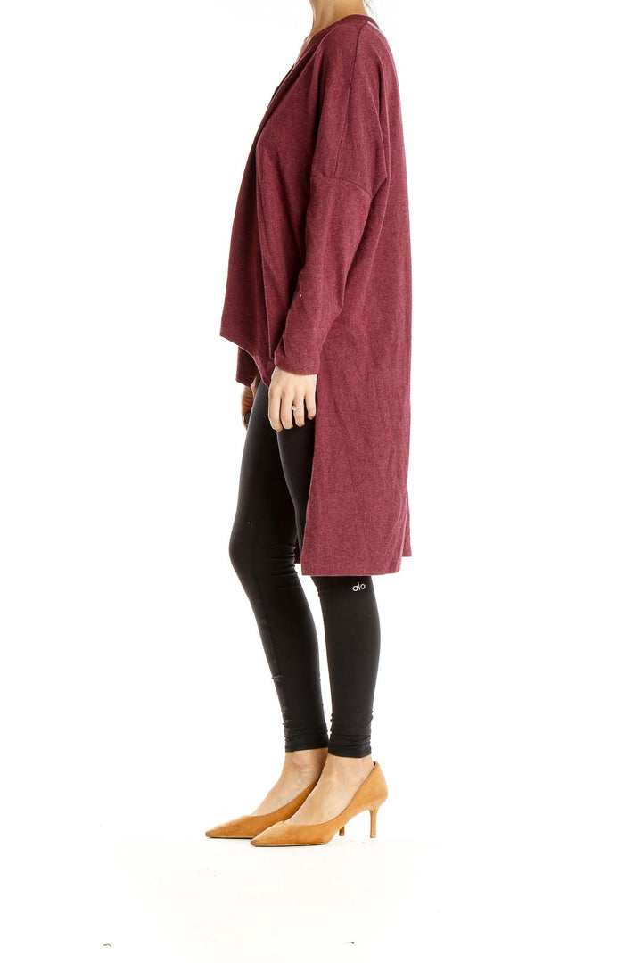 Front view of Patrizia Luca burgundy button-down high-low knit top