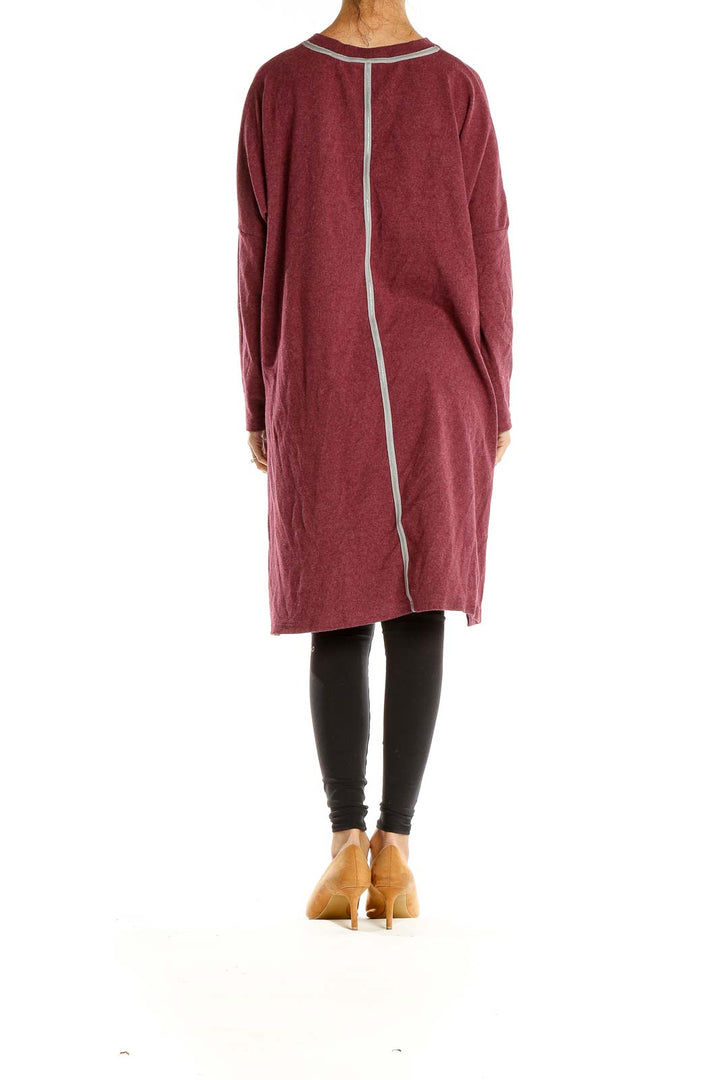 Side view of Patrizia Luca burgundy button-down high-low knit top on model