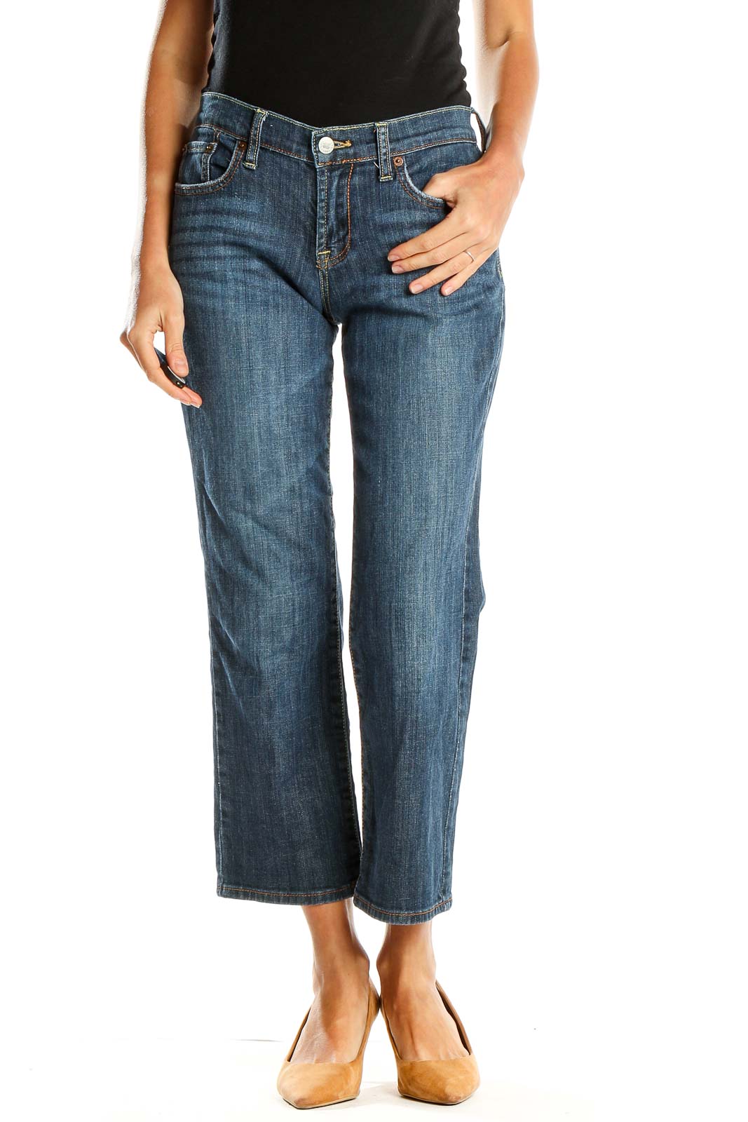 Front view of Lucky Brand straight leg jeans in medium wash denim