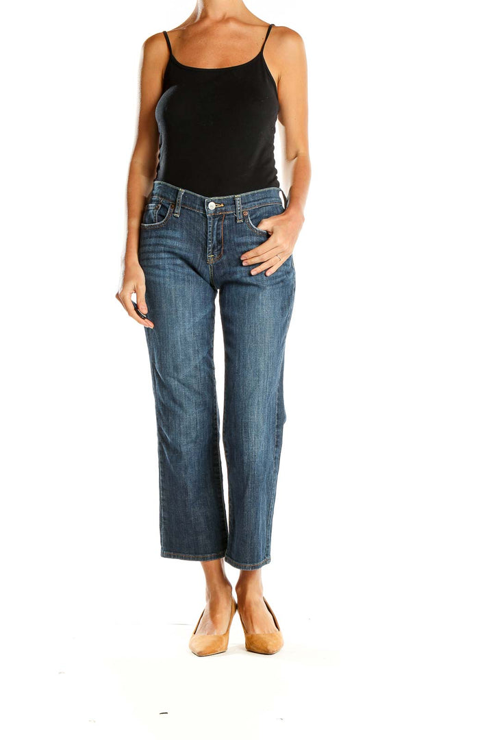 Front view of Lucky Brand straight leg jeans in medium wash denim