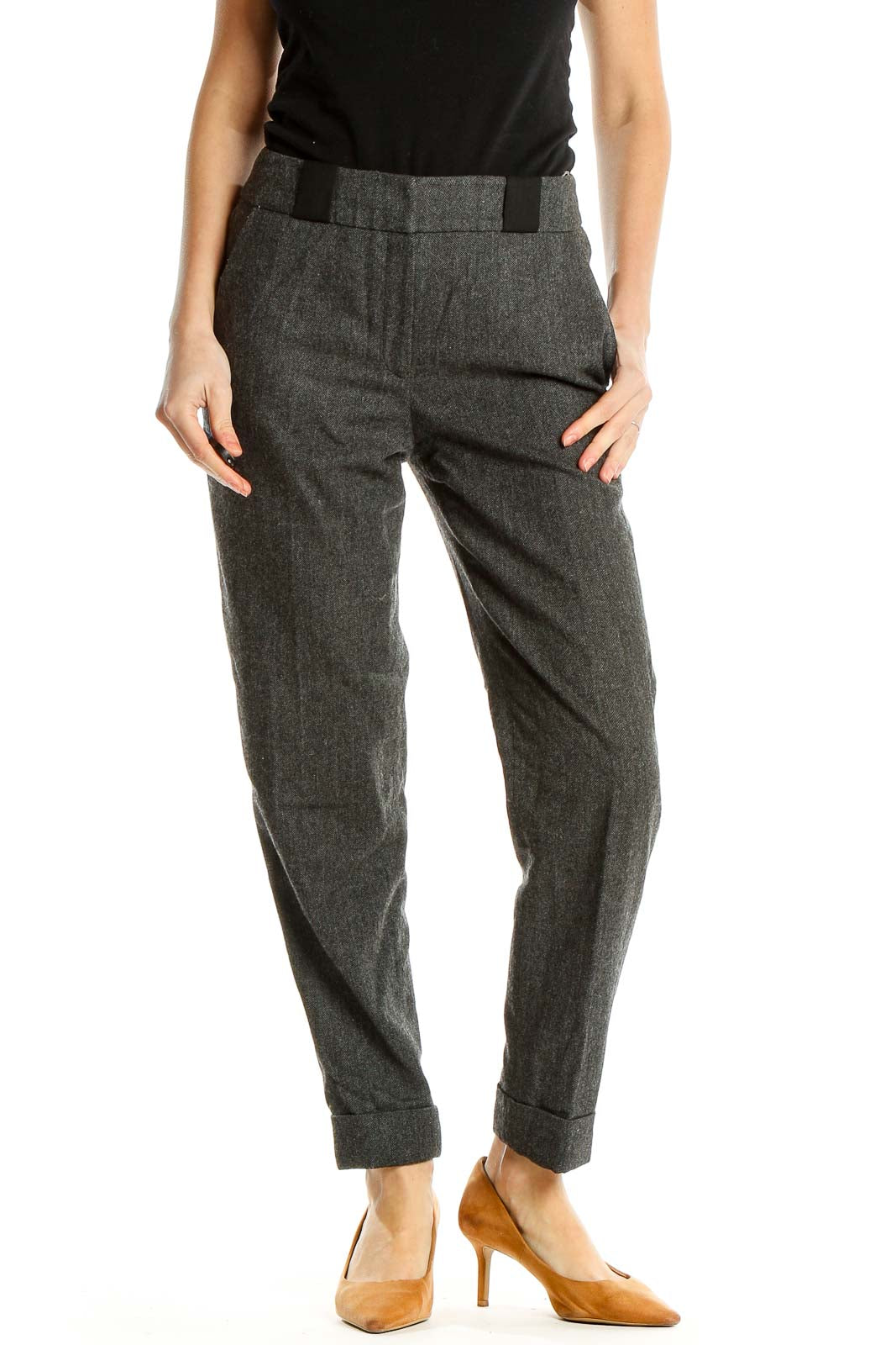 Front view of Karen Millen gray tailored trousers with cuffed hem