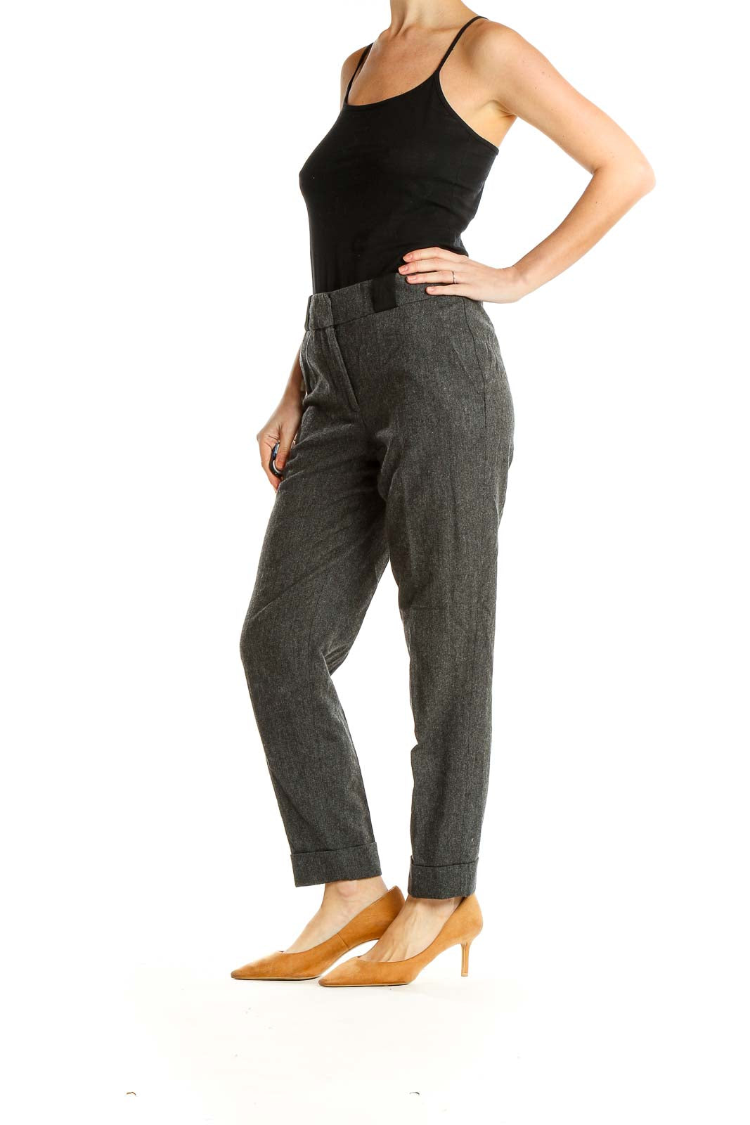Front view of Karen Millen gray tailored trousers with cuffed hem