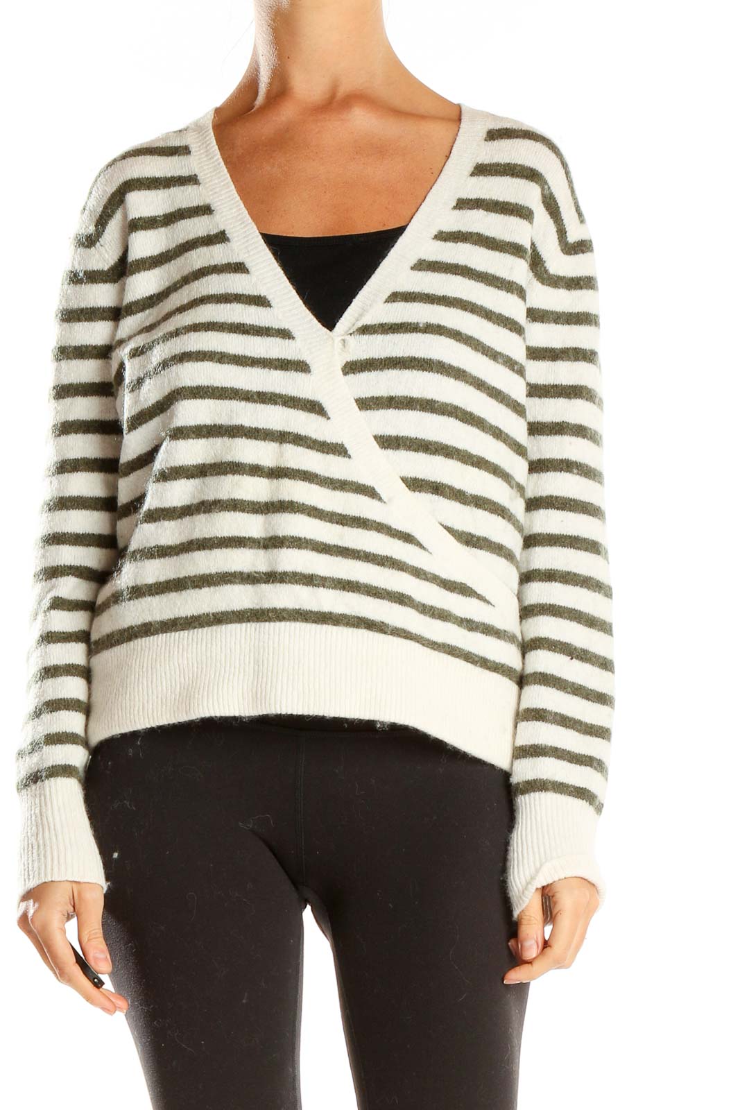 Front view of Madewell white and gray striped V-neck wrap-front sweater
