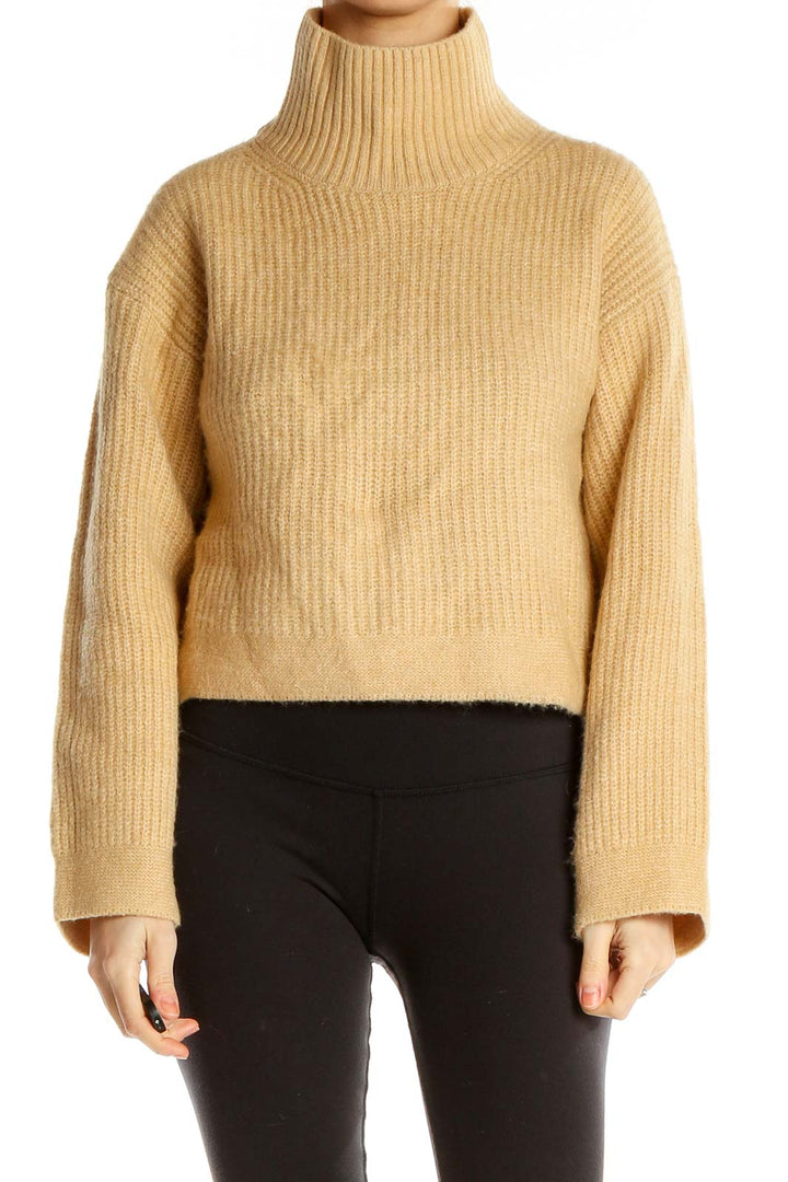 Front view of Topshop beige ribbed turtleneck cropped sweater