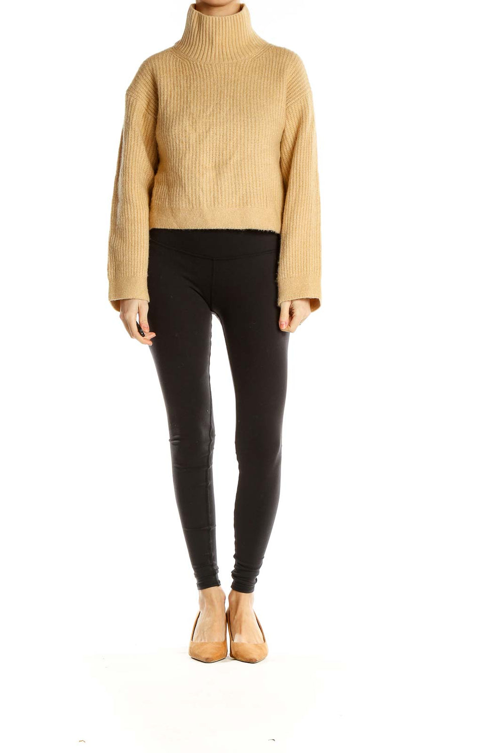 Front view of Topshop beige ribbed turtleneck cropped sweater