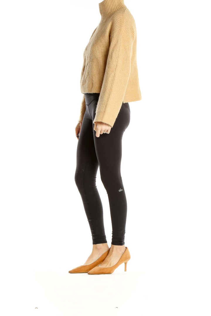 Front view of Topshop beige ribbed turtleneck cropped sweater