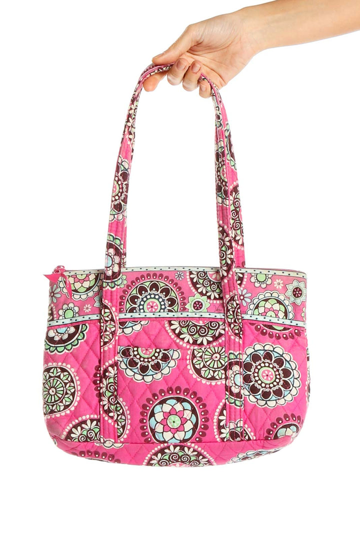 Front view of pink floral quilted Vera Bradley tote bag