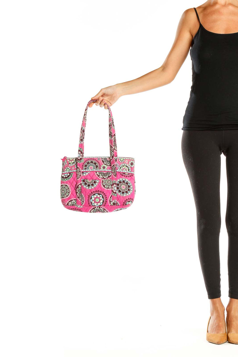 Front view of pink floral quilted Vera Bradley tote bag