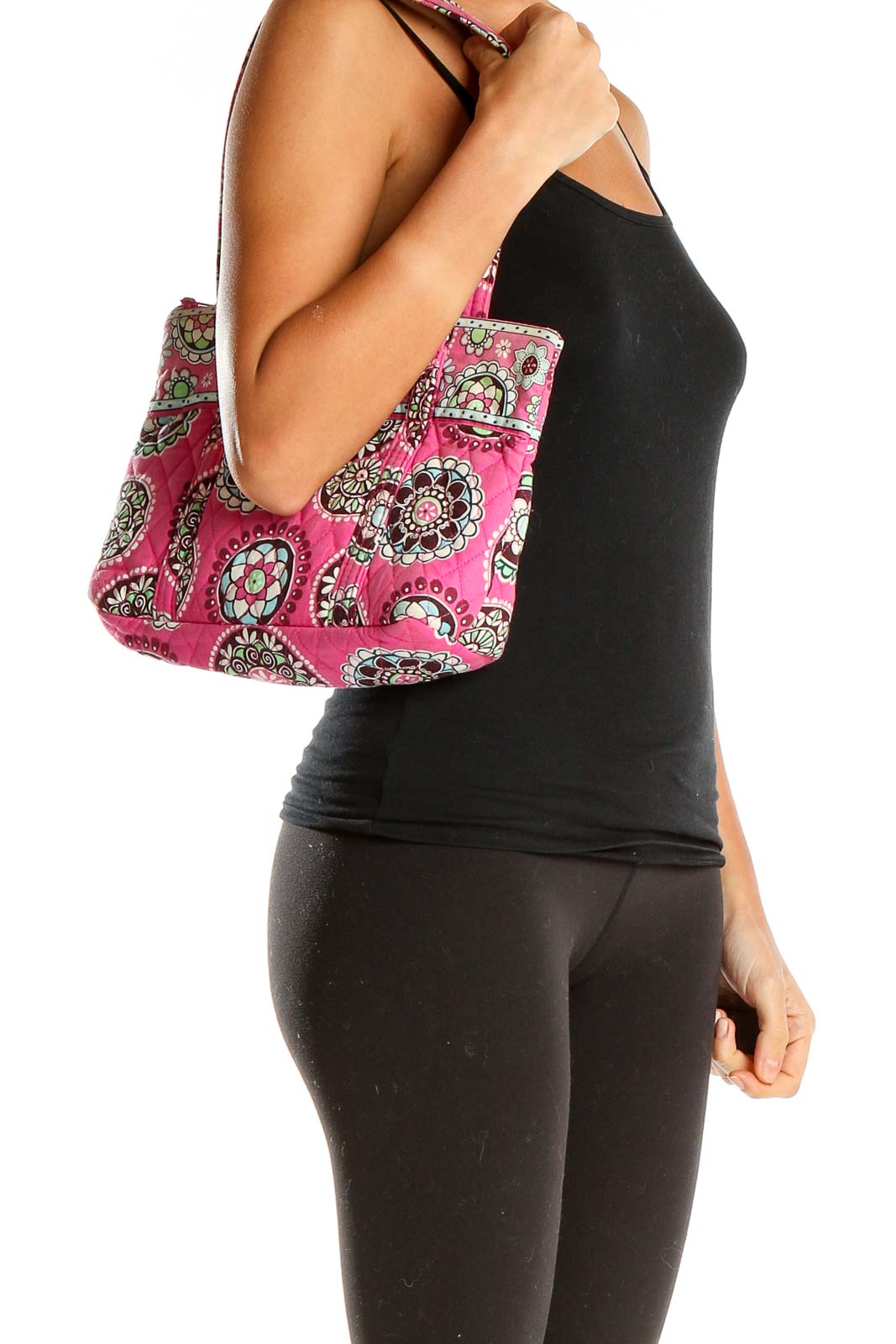 Front view of pink floral quilted Vera Bradley tote bag