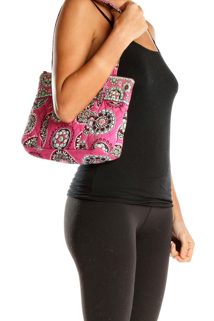 Front view of pink floral quilted Vera Bradley tote bag