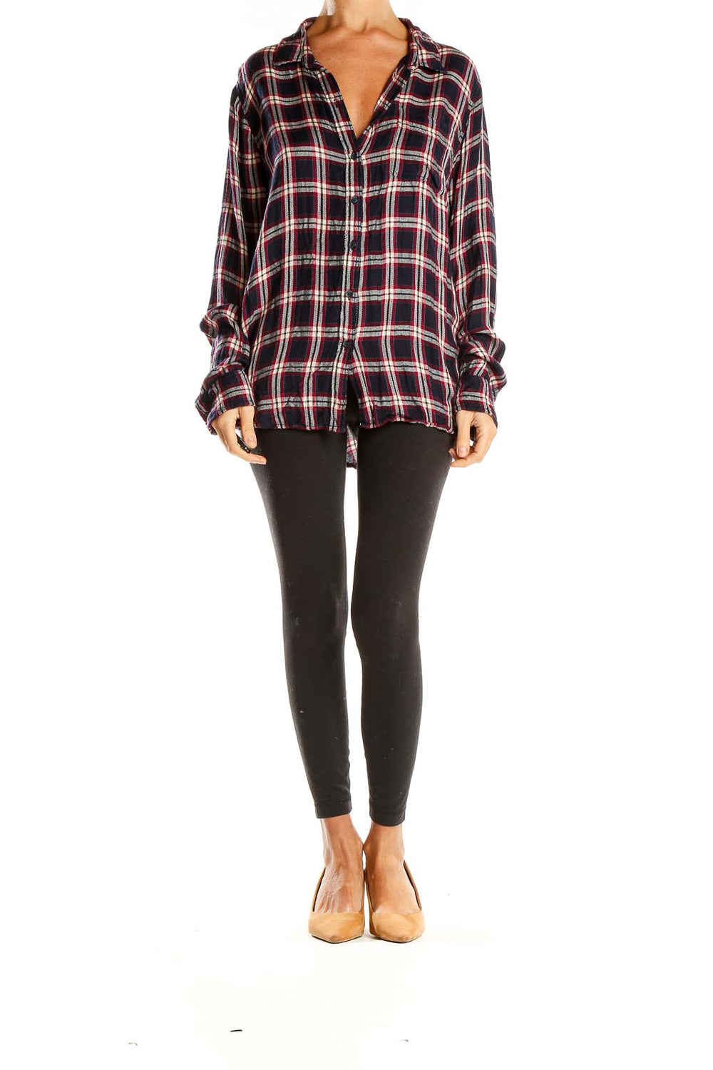 Front view of Lucky Brand black plaid button-down shirt