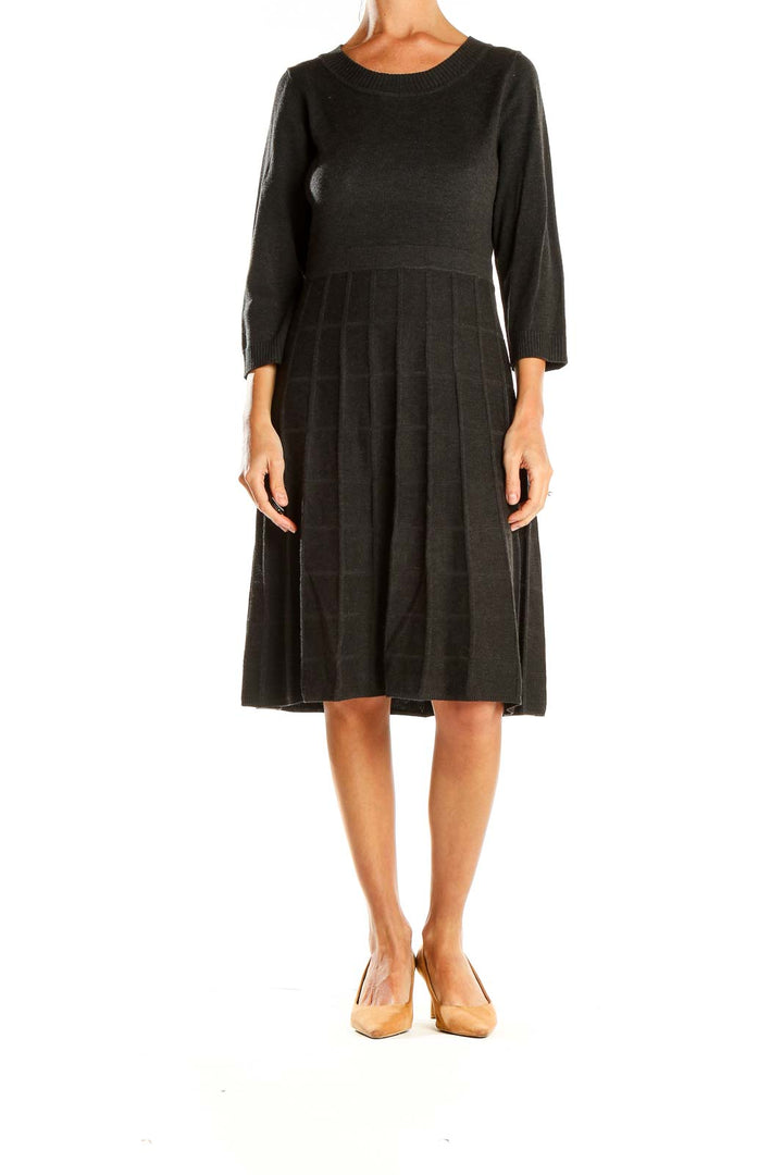 Front view of Kasper black pleated knit midi dress with three-quarter sleeves