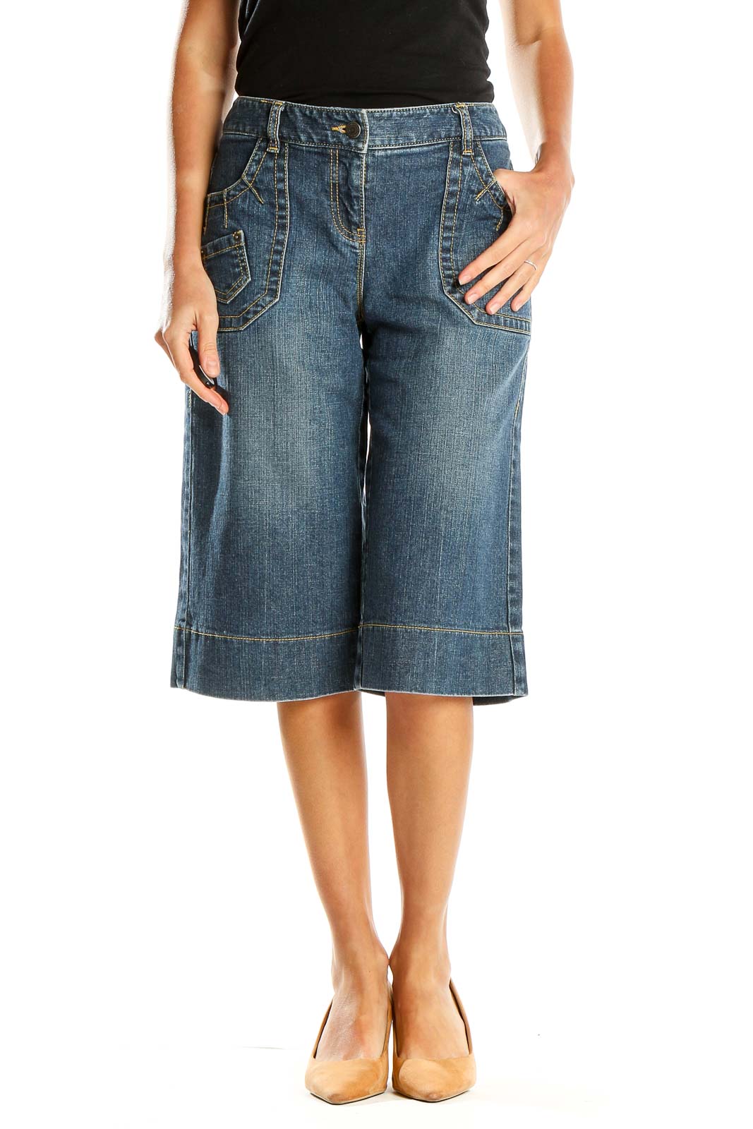 Front view of Ann Taylor LOFT Petites blue denim wide-leg cropped jeans