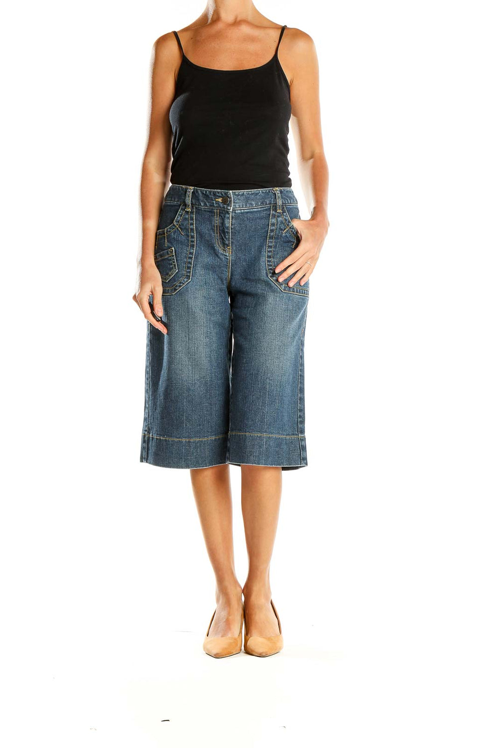 Front view of Ann Taylor LOFT Petites blue denim wide-leg cropped jeans