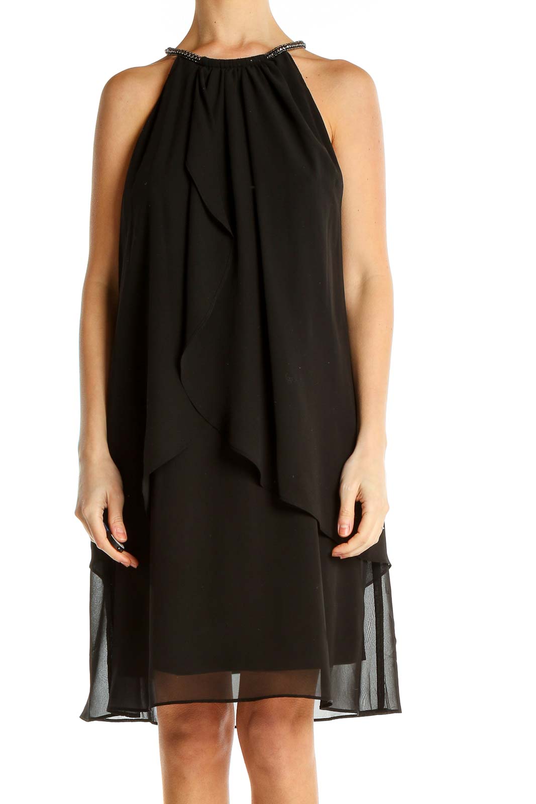 SLNY Black Chiffon Layered Cocktail Dress with Chain Detail – SilkRoll