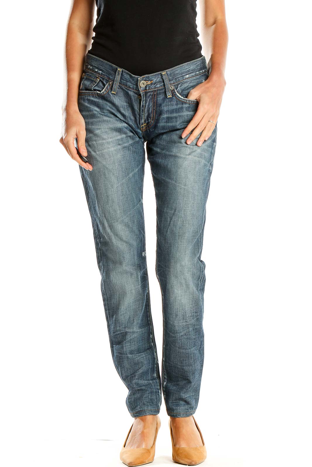Front view of Lucky Brand blue distressed straight leg jeans on model
