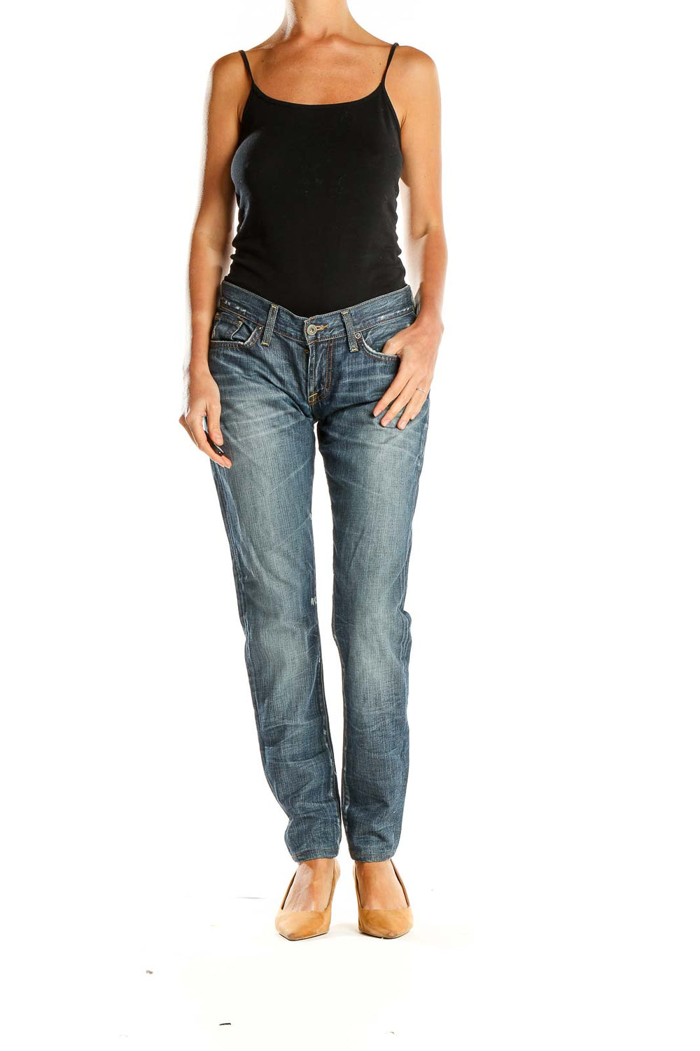 Front view of Lucky Brand blue distressed straight leg jeans on model